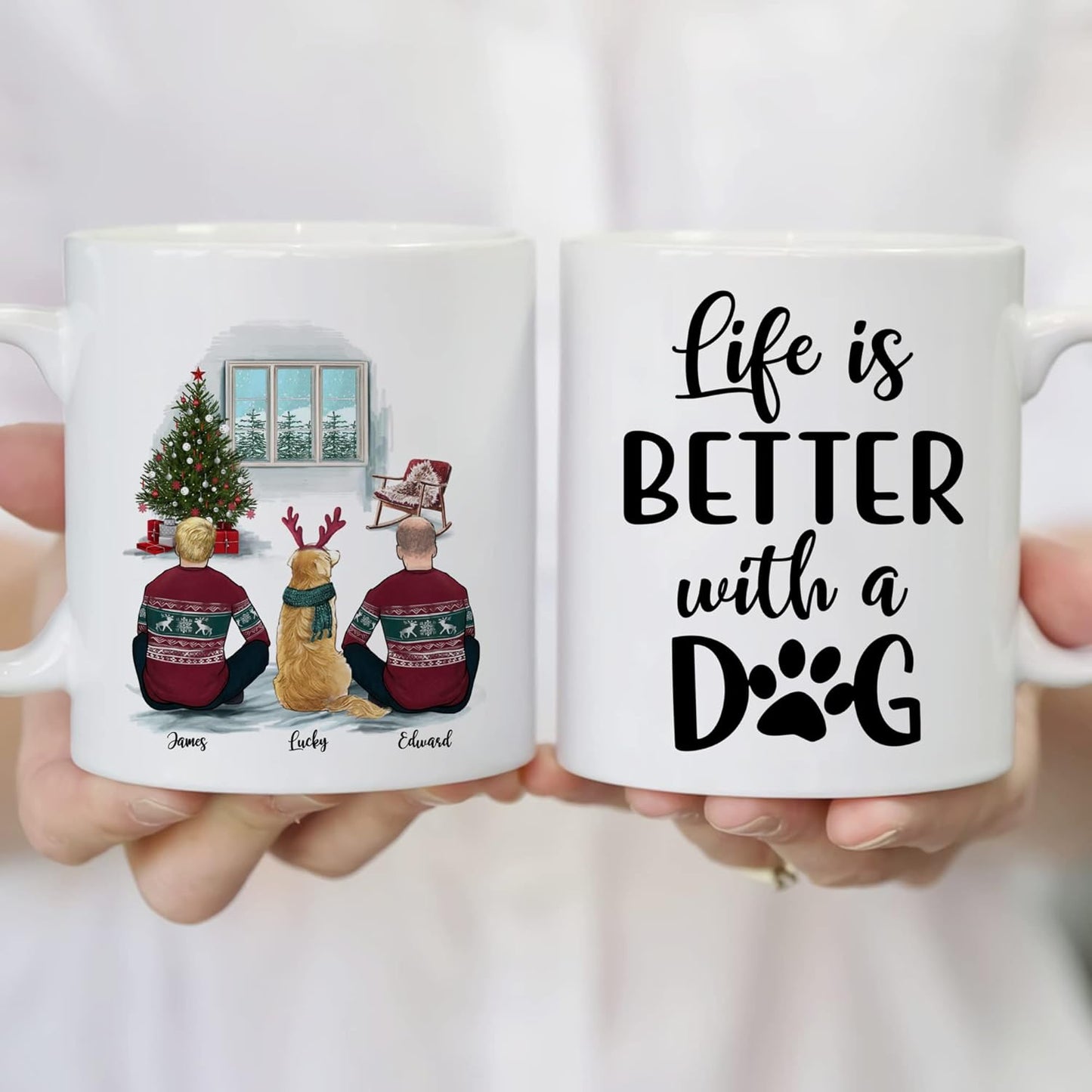 Gossby Personalized Dog Mug - Life is Better with a Dog (2 Men - Dog) - 11oz, 15oz White, Two-tone Ceramic Christmas Coffee Mugs for Dog dad - Personalized X-mas Dog Owner Gifts for Men
