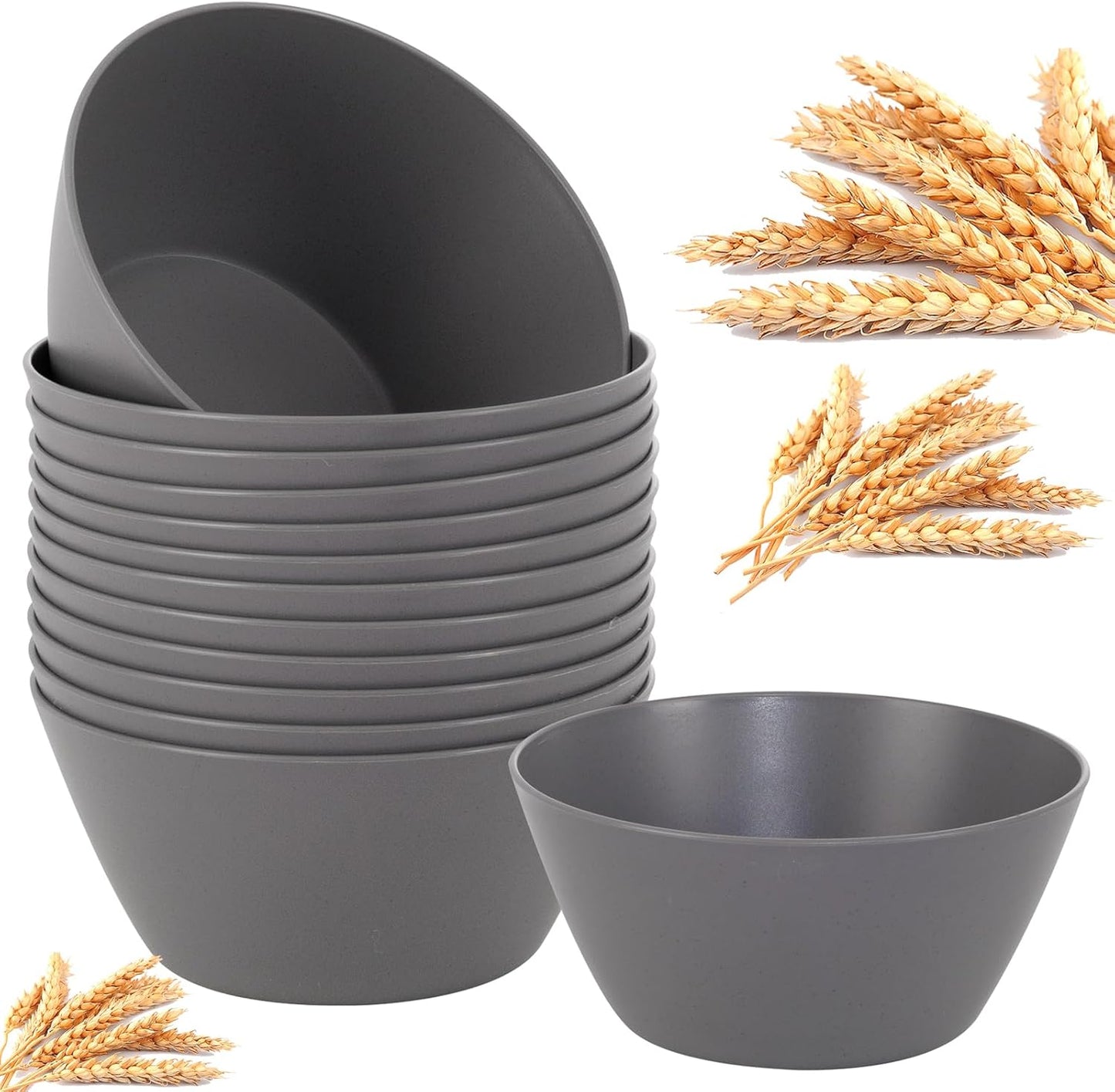 supernal 12PCS Dark Grey Wheat Straw & Hard Plastic Bowls - Reusable Soup Bowls,Unbreakable Fridge/Dishwasher Safe Bowl for Catering,Hot Food,Holiday Meals,Cereal,Ramen (Disposable Snack Bowl)