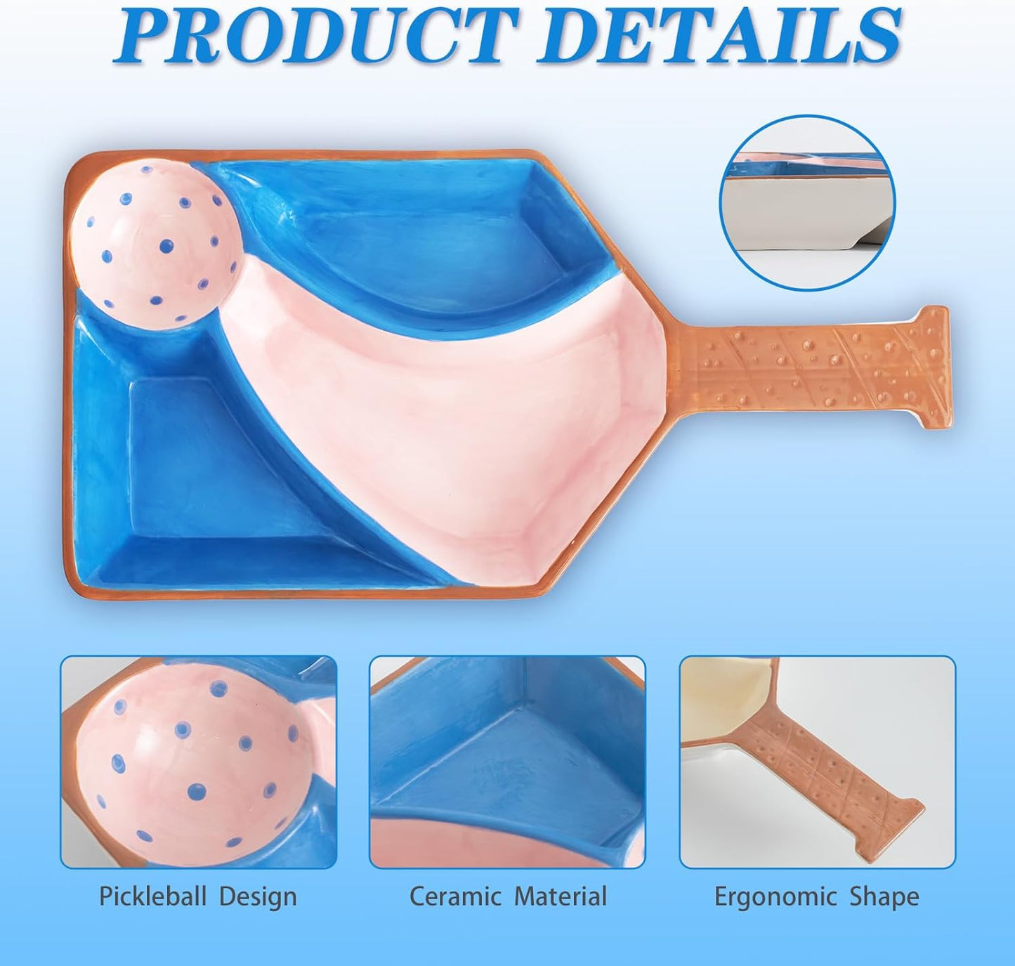 Pickleball Party Platter - Fun Paddle-Shaped Ceramic Tray with Snack Sections - Perfect Serving Dish for Pickleball Lovers display trays (Blue)