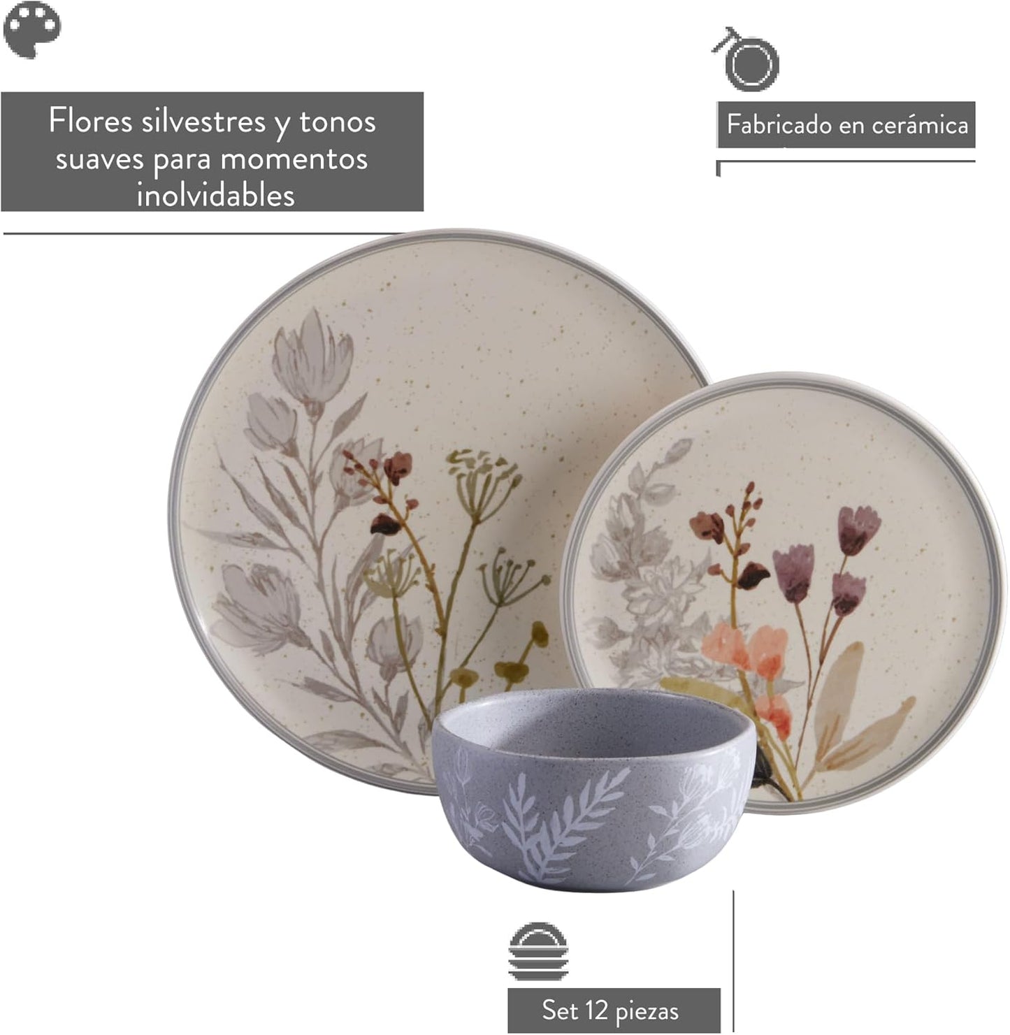 Corona 12–piece Delicate Floral Design Ceramic Dinnerware Sets | Plates and Bowls | Service For 4 | Anastasia