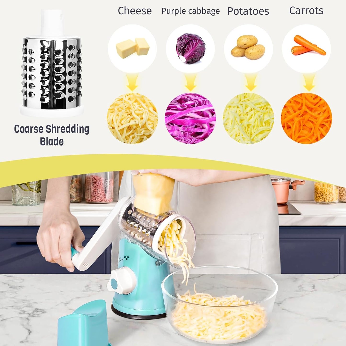 X Home Rotary Cheese Grater for Kitchen, Shredder with 3 Interchangeable Blades, Rotary Grater with Handle and Strong Suction Base, for Vegetables, Fruit, Nuts, Easy to Use and Clean, Blue