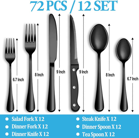 72 Pcs Black Silverware Set with Steak Knives, Stainless Steel Flatware Cutlery Set Service for 12, Kitchen Tableware Set, Utensil Set for Home and Restaurant, Knives Forks Spoon Set, Dishwasher Safe
