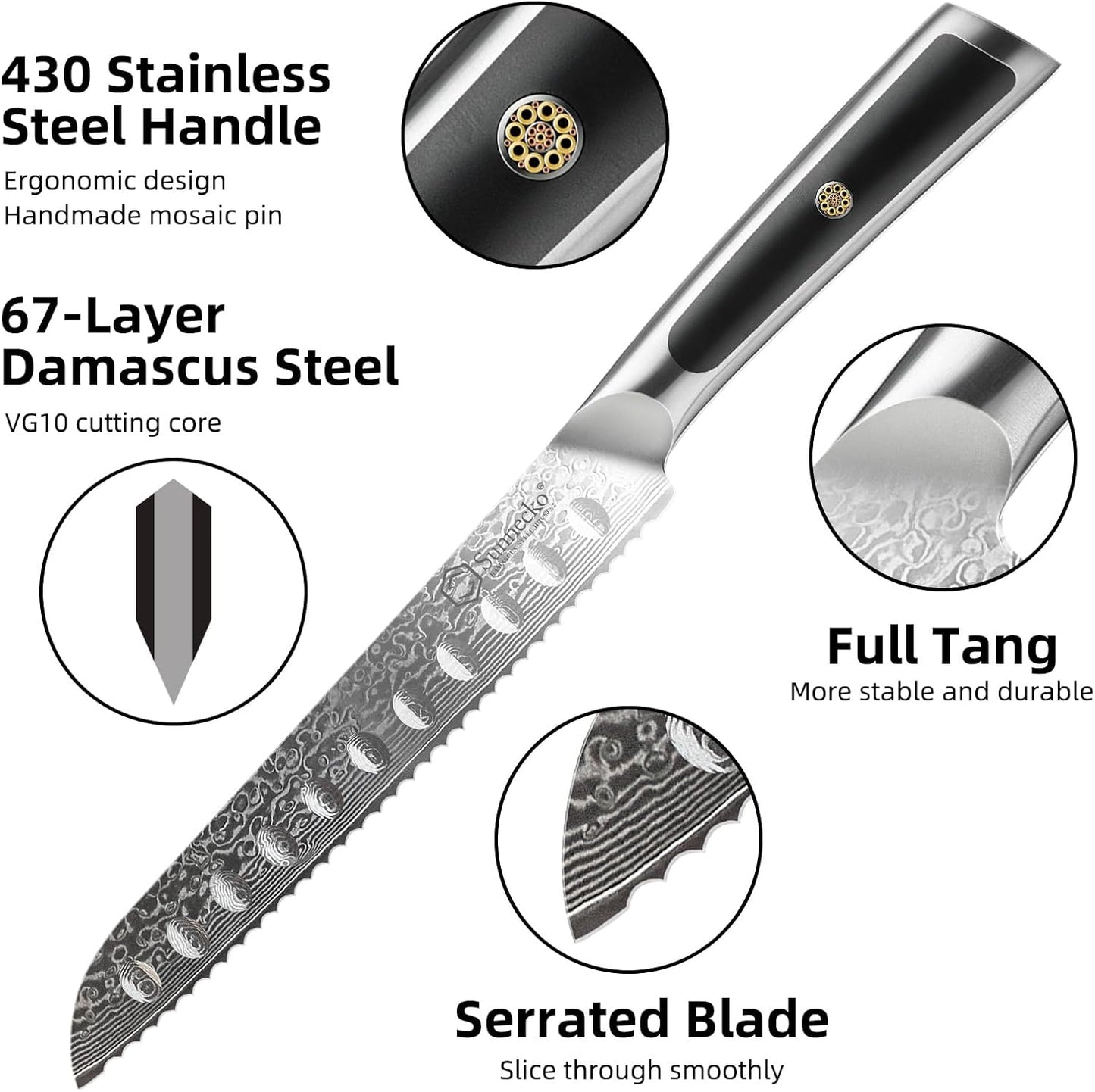 Sunnecko Bread Knife 8 inch, Serrated Bread Knife for Homemade Bread with 67-layers VG10 Damascus Steel Blade, Japanese Bread Knife with Solid Handle Bread Cutting Knife Bread Knives Cake Knife