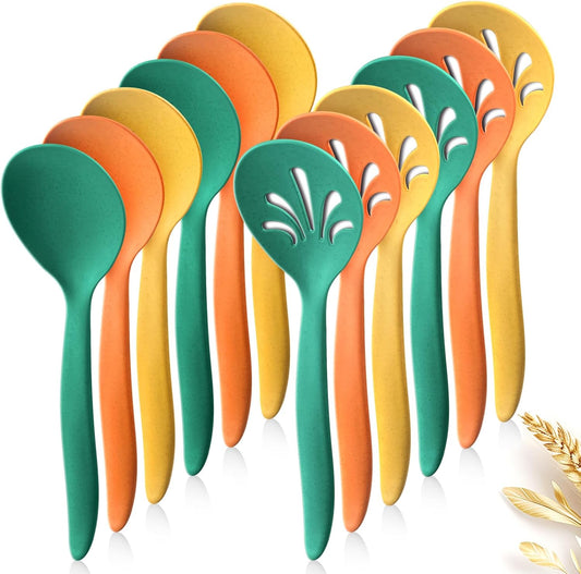 12 Pcs 10" Large Plastic Wheat Straw Serving Spoons Set, Serving Spoons & Slotted Spoons, Kitchen Mixing Serving Spoon for Party Buffet Catering (Orange/Yellow/Green, Not for Cooking)