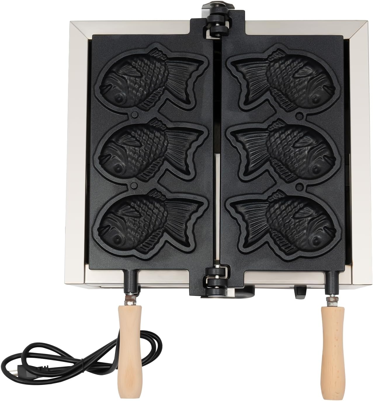 3 Grid Fish Waffle Maker, 1500W Taiyaki Waffle Making Machine, Commercial & Home Use, Silver, Stainless Steel & Aluminum, 6 Temperature Settings