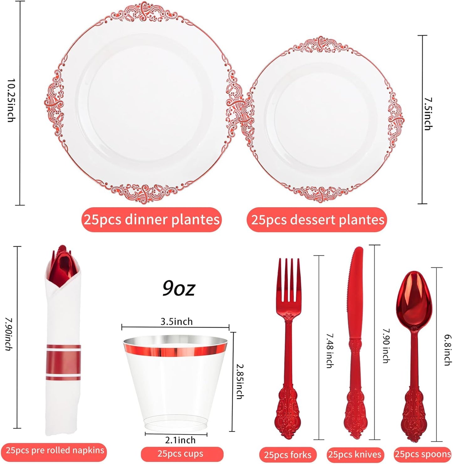 Hioasis 175pcs Clear Red Plastic Plates - Elegant Disposable Dinnerware Set Suitable for 25 Guests Include 10.25" Dinner & 7.5" Dessert Plates, Pre Rolled Silverware Set, Cups for Party & Wedding