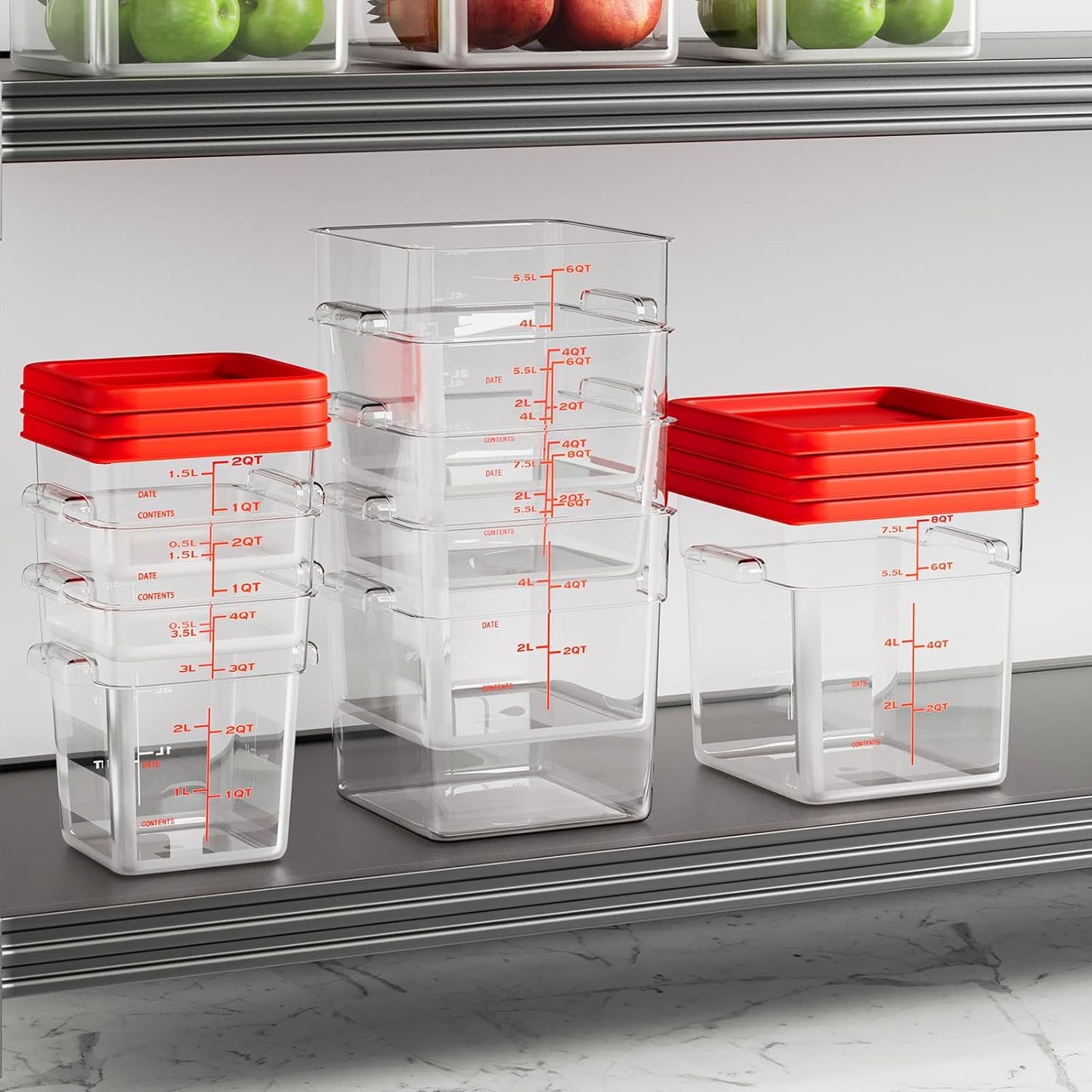 6 Quart Set of 4 Food Storage Containers,Food Containers with Lids and Handles,Square Commercial Food Containers for Kitchen, Restaurant，Refrigeration etc