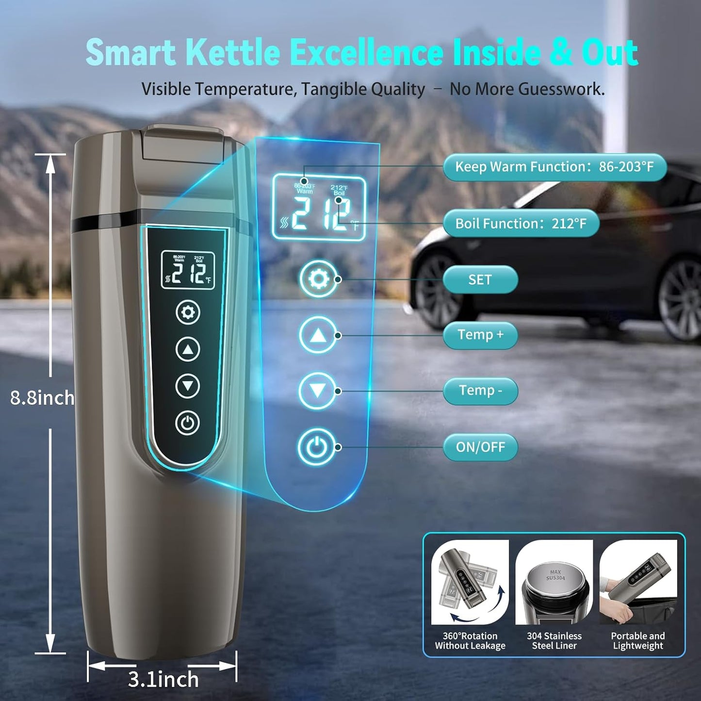 Car Electric Kettle for Travel : FVPE 12V/24V Small Electric Water Kettle, Multi-Temp Control 400 mL Portable Car Water Boiler for Brewing Coffee Tea,LCD Display 304 Stainless Steel Truck Heating Cup