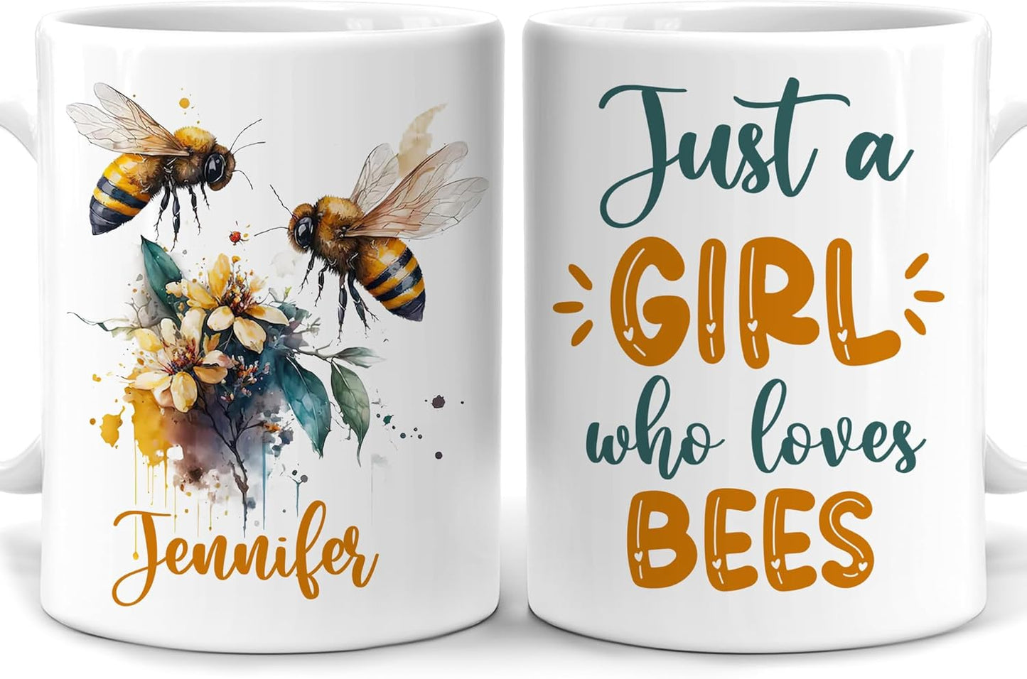 Hyturtle Personalized Gifts Bee Lover - Just A Girl Who Loves Bees Custom Name Ceramic Coffee Mug Cup 11oz - Idea Cute Animal Lover Gifts For Women, Girl Daughter On Birthday, Christmas