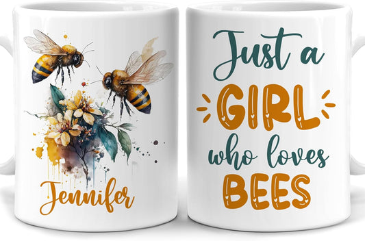 Hyturtle Personalized Gifts Bee Lover - Just A Girl Who Loves Bees Custom Name Ceramic Coffee Mug Cup 11oz - Idea Cute Animal Lover Gifts For Women, Girl Daughter On Birthday, Christmas