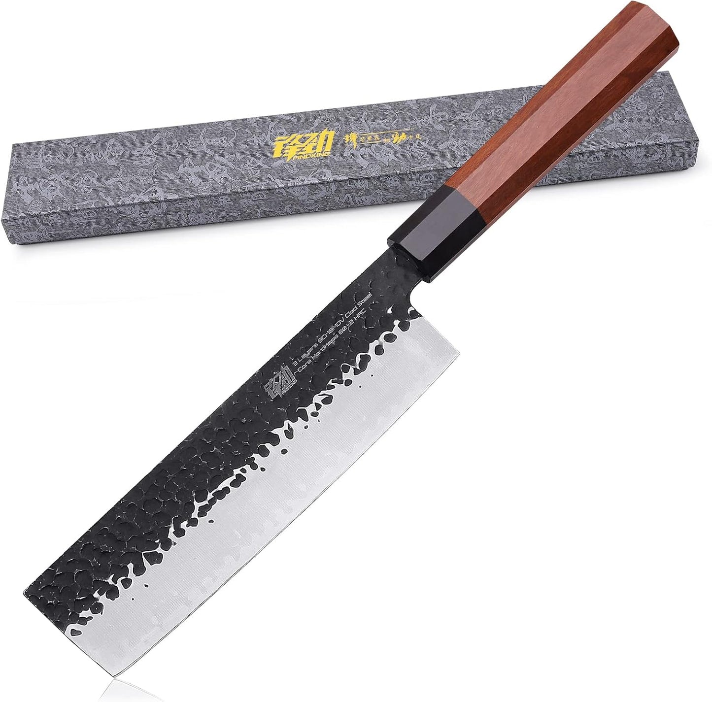 FINDKING Dynasty Series Japanese Nakiri Knife, Professional Vegetable Cleaver, 9Cr18MoV High Carbon Steel Blade, African Rosewood Octagonal Handle, for Shred, Slicing, Mincing, 7 Inches