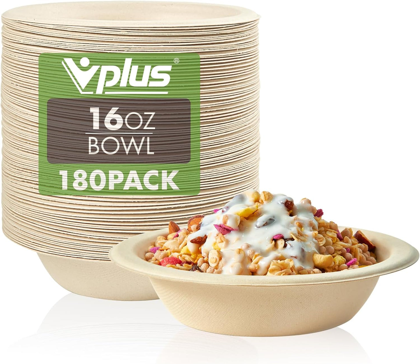Vplus 180 Pack 16 OZ Paper Bowls, Disposable Compostable Bulk, Eco-friendly Bagasse, Heavy-duty Bowls Perfect for Milk Cereals, Snacks, Salads