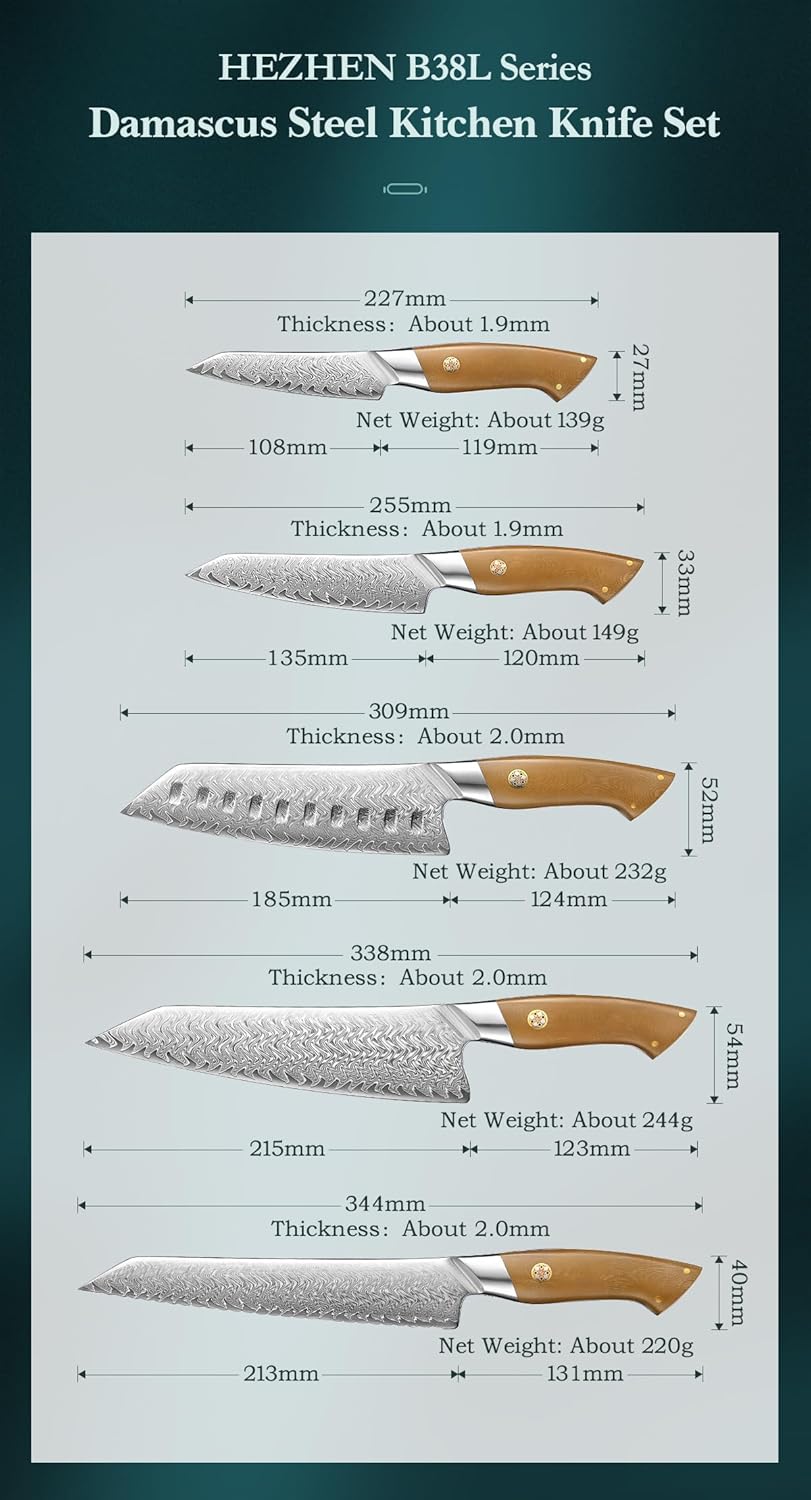 HEZHEN Chef Knife Set, 5 Pieces, 67 Layers Damascus Steel Kitchen Knife Set, ltra-sharp Blade, Professional Knife Sets for Chefs and Home Cooking, Linen Micarta Handle, Gift Packing