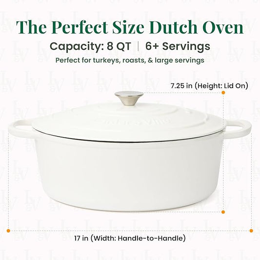 Larder & Vine Enameled Cast Iron 8 qt Dutch Oven Pot with Lid | Bread Baking | Compatible on All Cooktops & Oven Safe to 500° F | Great for Sourdough Bread | White