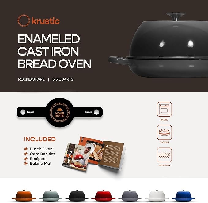 Enameled Cast Iron Dutch Oven for Sourdough Bread Baking | 6 Quart Pot with Lid | 10 Inch Ceramic Enamel Thick Coated Cookware Set with Non Stick Silicone Baking Mat for Cooking (Grey)