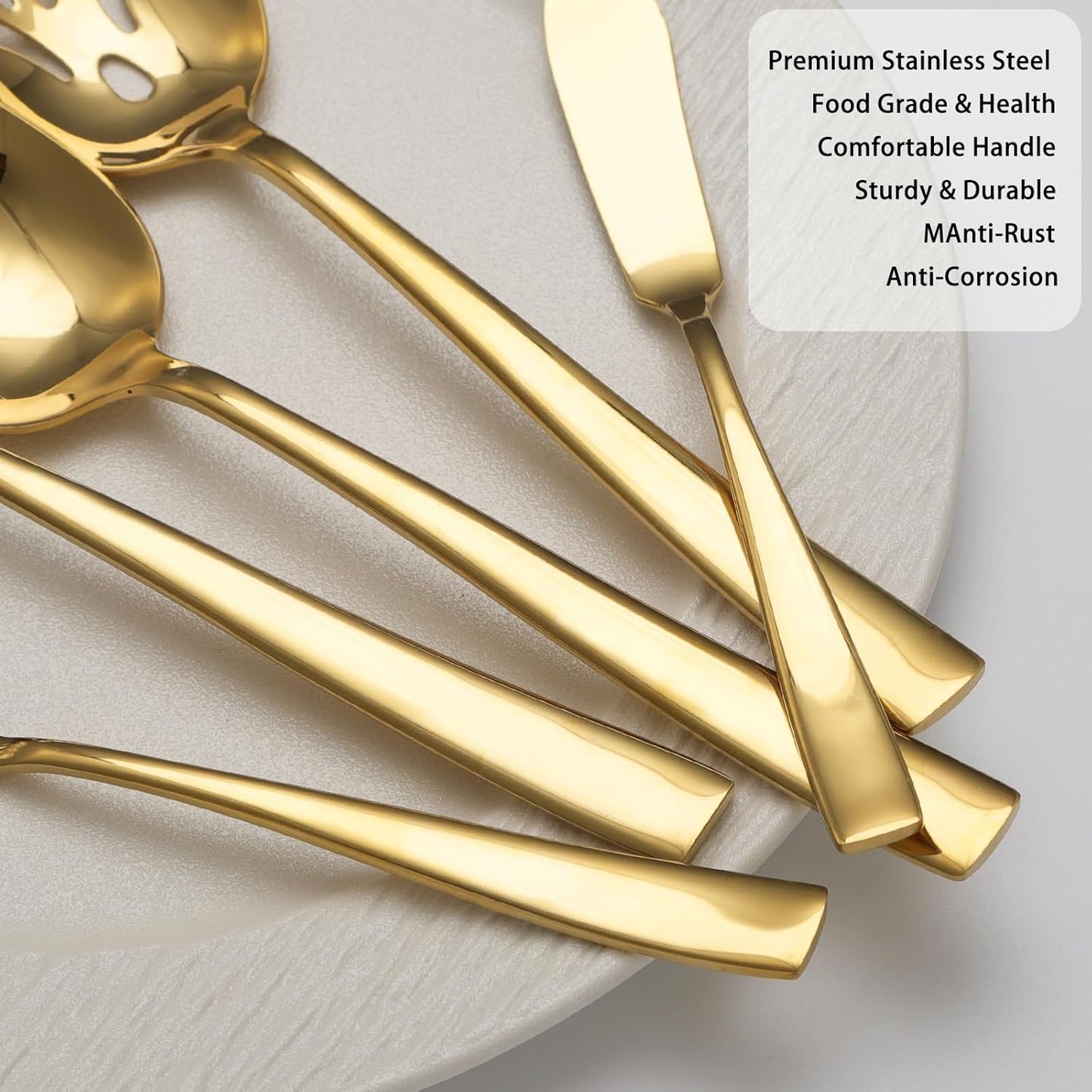 Large Hostess Serving Utensils Set, Stainless Steel Heavy Duty Serving spoons, Slotted Spoons, Serving Fork, Cake Server, Butter Knife, Dishwasher Safe (Gold)