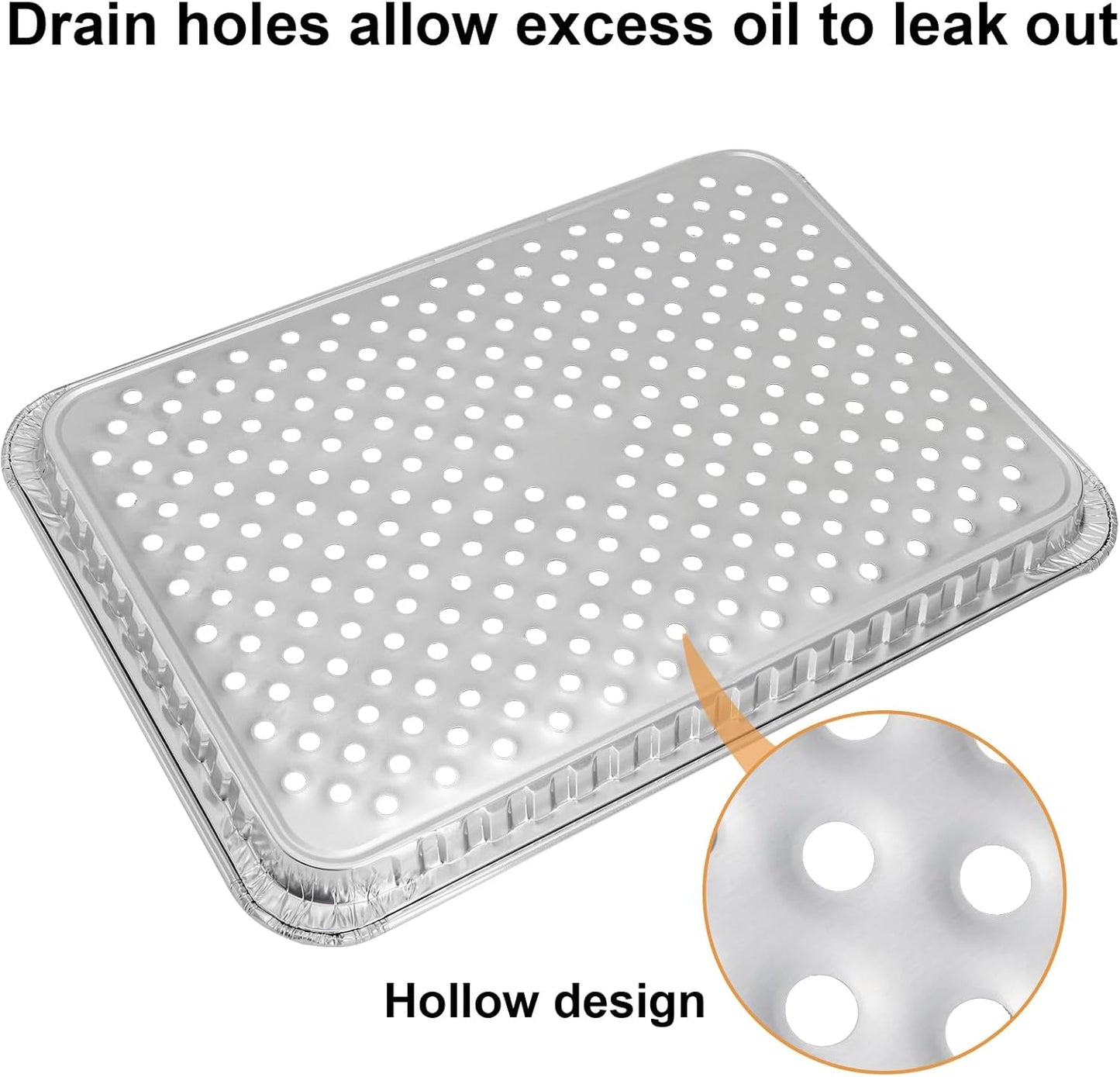 Frcctre 25 Pack Disposable Aluminum Grill Pans, 16 x 12 Inch Large Aluminum Broiler Pans Foil Grill Trays Topper Pan Sheet Pan with Holes for for Outdoor Cooking and Camping, BBQ