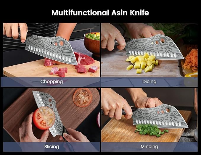 Cleaver Chef Knife with Herb Stripper, 7" Asian Kitchen Knife 3-in-1 Combined with Chef's Knife, Santoku, Nakiri for Slicing, Chopping, Dicing, Mincing, Housewarming Birthday Cooking Gifts