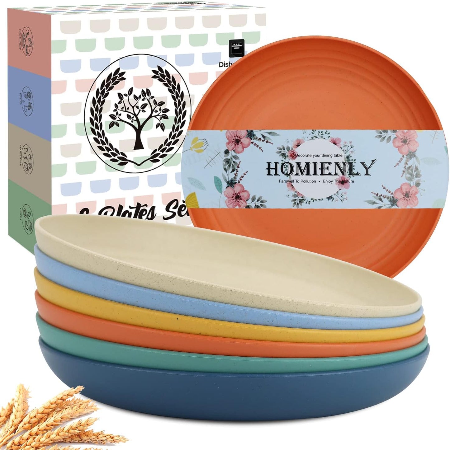 Homienly Deep Dessert Plates, Wheat Straw Plate Set of 6, Alternative to Plastic Plates Reusbale, Dishwasher and Microwave Safe Plates for Kitchen, Unbreakable Plate for Cake, Sncak (8 Inch, Multi)