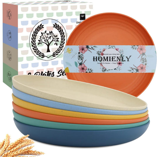 Homienly Dinner Plates, Deep Plate Set, Alternative to Plastic Plates, Microwave and Dishwasher Safe Wheat Straw Plates for Kitchen, Camping, Unbreakable Plate with 6 Colors, Set of 6 (9 Inch, Multi)