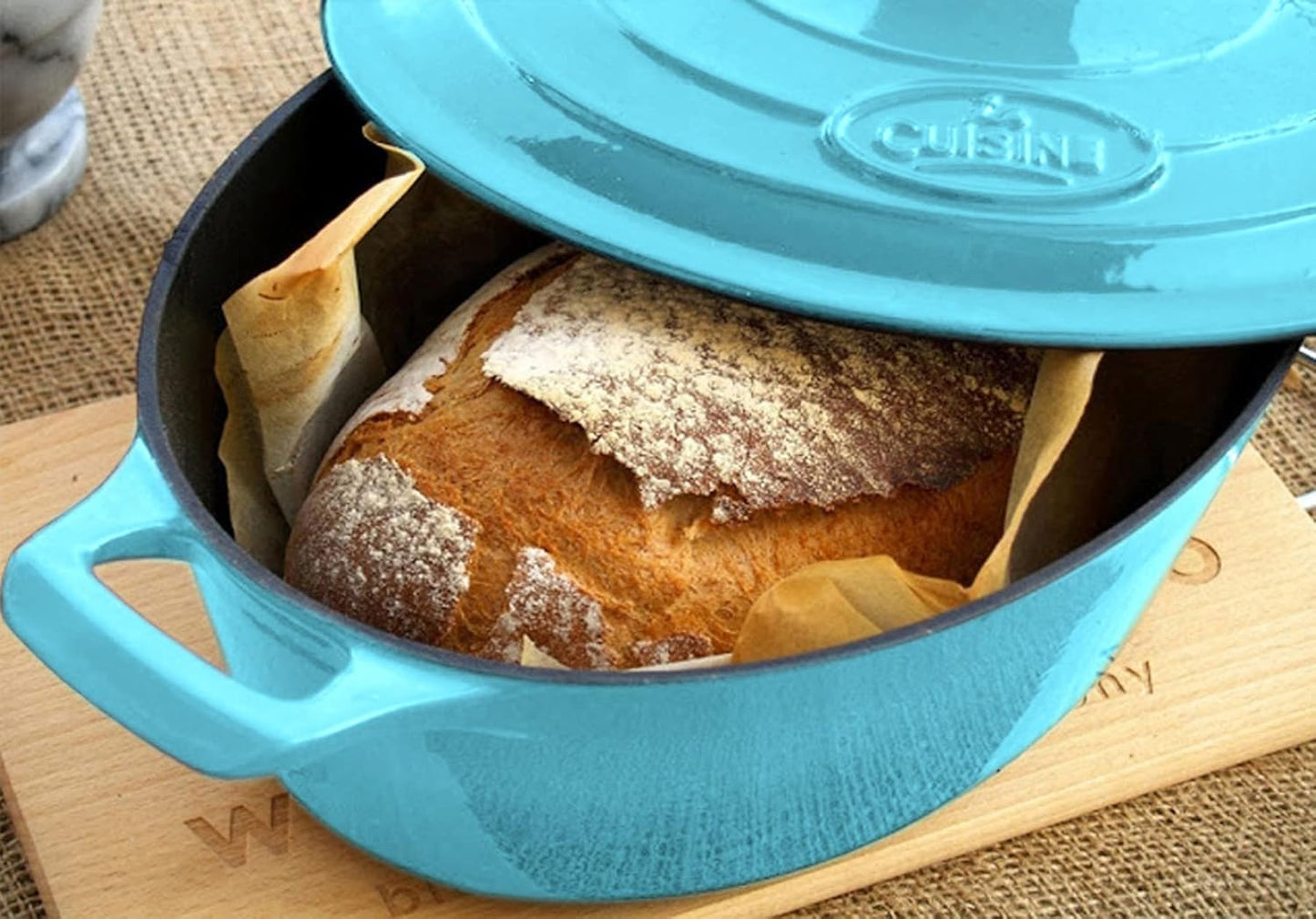 La Cuisine Enameled Cast Iron Oval Dutch Oven Casserole Pot with Lid 5 QT Internal Matte Black Enamel for bread baking, 2-ton Teal Enamel Coating Finish Exterior,Oven Safe up to 500° F