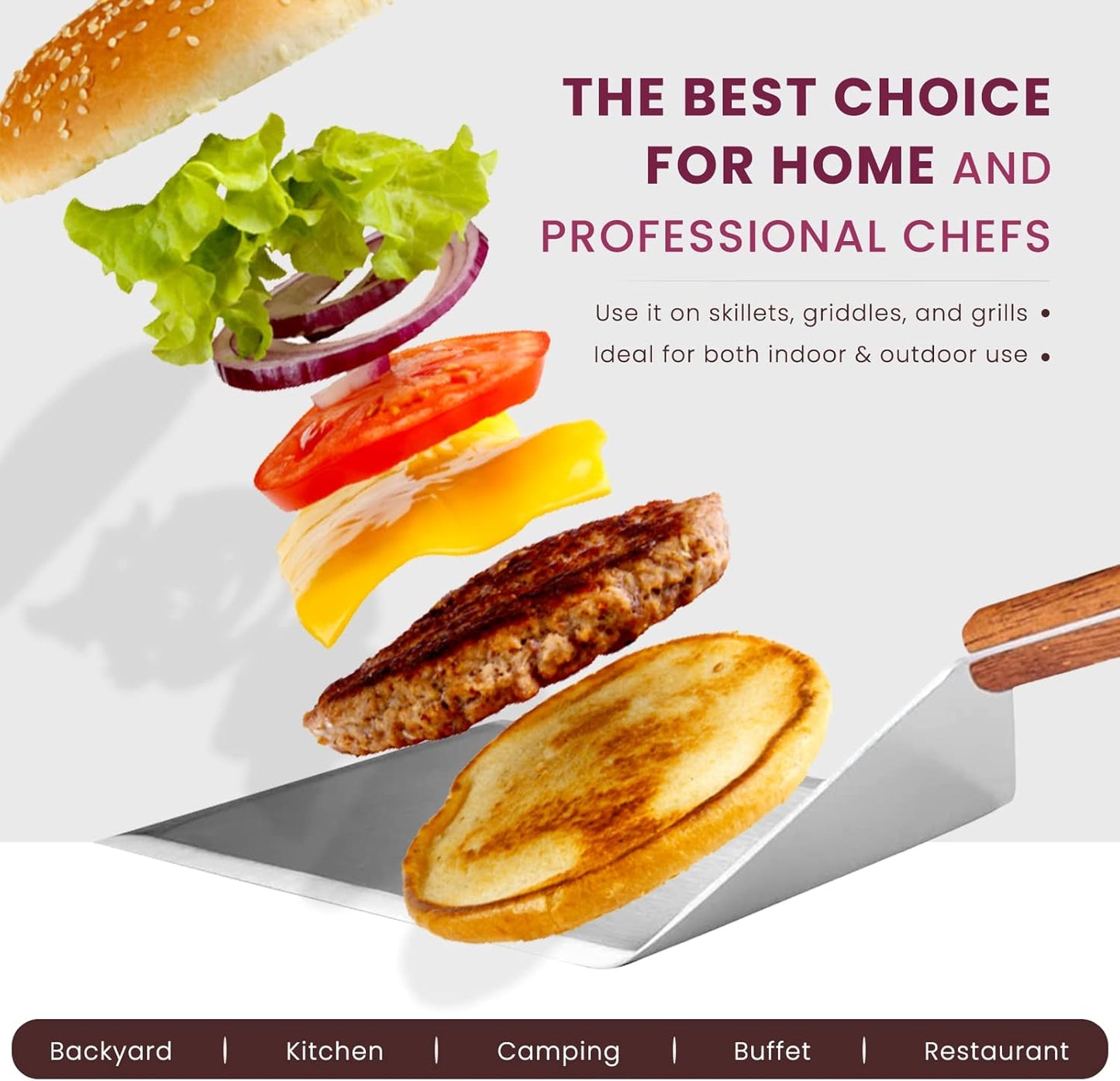 Extra Wide Spatula with Beveled Edges, Oversized Stainless-Steel Spatula with Wood Handle for Skillets, Griddles & Pancake Flipper for Burgers, Omelet, and Versatile for Culinary Task, 6 x 5-inches