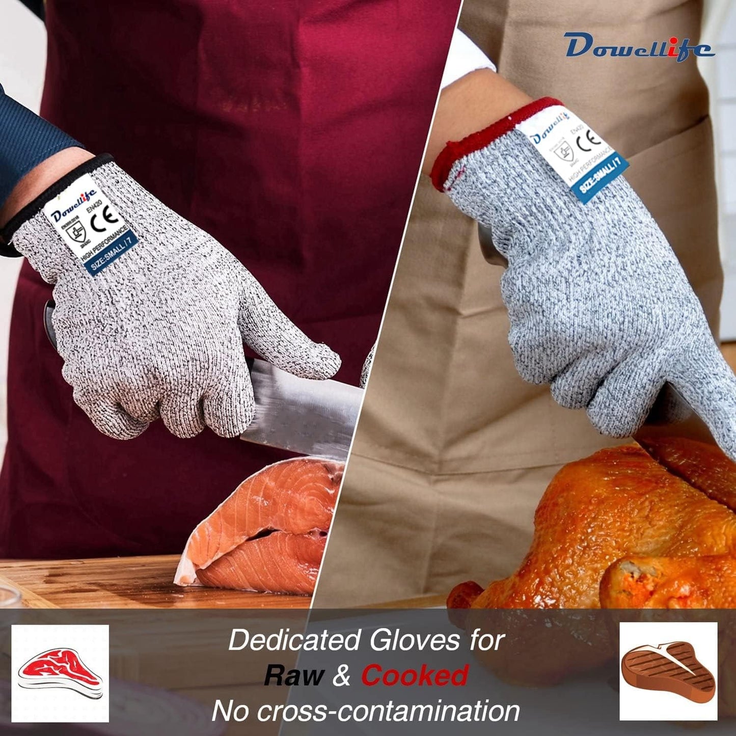 Dowellife Cut Resistant Gloves Food Grade Level 5 Protection, Safety Kitchen Cuts Gloves for Oyster Shucking, Fish Fillet Processing, Mandolin Slicing, Meat Cutting and Wood Carving. (Small-2 Pairs)