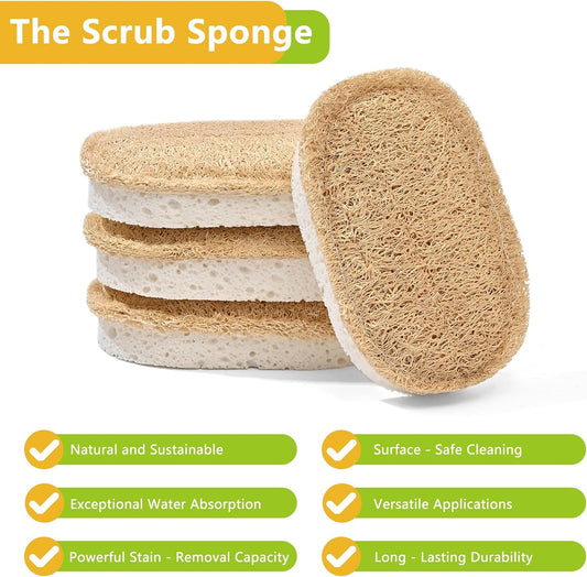 Natural Scrub Sponges Kitchen, Dual-Sided Loofah Dish Sponge - Plastic-Free, Scrubbing Power Without Scratching - 4 Pack White