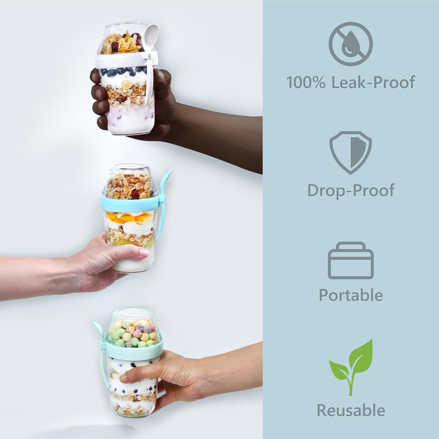 Felli On the Go Yogurt Parfait Snack Cup 12 oz Reusable Leak Proof + Travel Spoon, Topping Holder for Fruit Cereal Milk, To Go Lunch Healthy Portion Control Overnight Oats Container Clear (2, Blue)