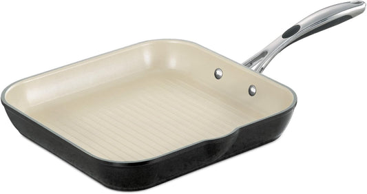 Tramontina Gourmet Ceramica Deluxe Aluminum Square Grill Pan, Non Stick Pan with Ceramic Interior, 11-inch, Metallic Black, Made in Italy