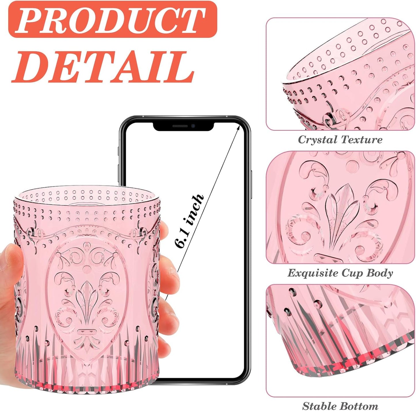 24 Plastic Vintage Drinking Glasses 8.5oz Stemless Retro Embossed Wine Glasses Shatterproof Reusable Cups for Baby Shower Wedding Reception Grand Event Party (Pink)