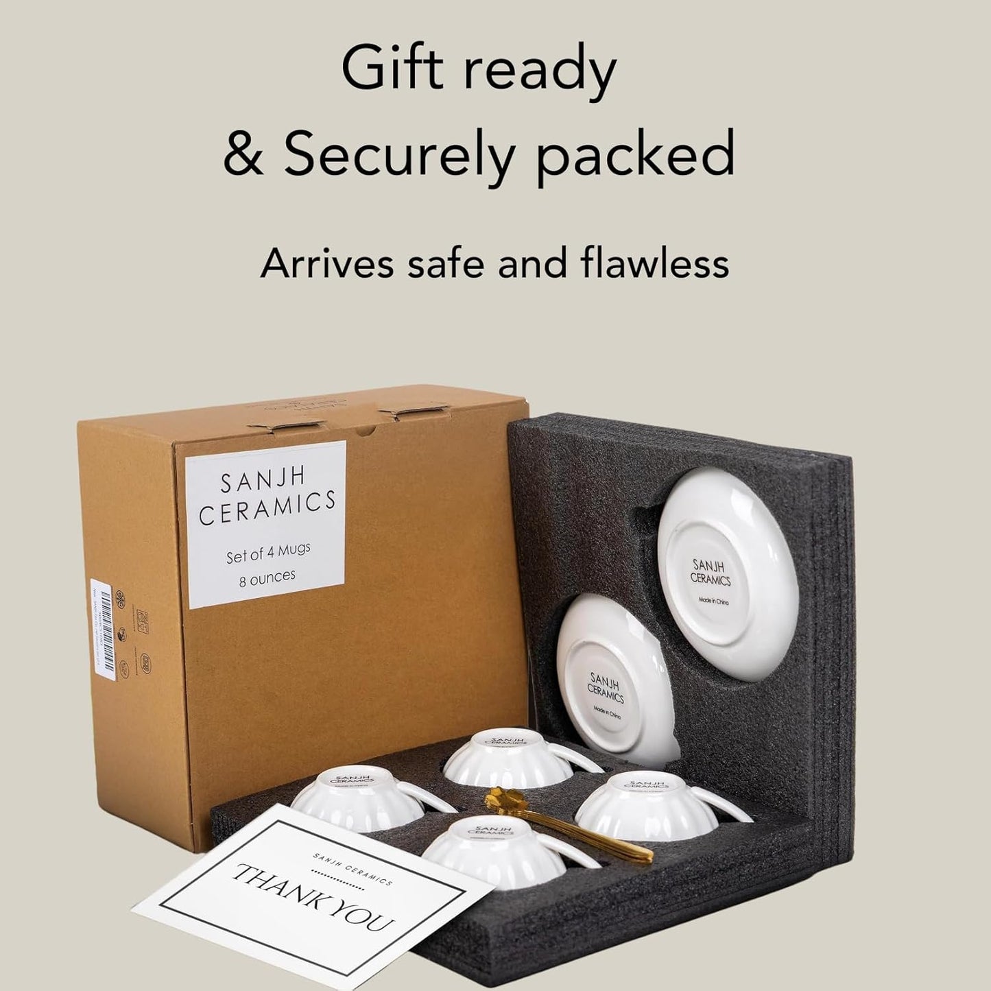 8oz Cappuccino Cups Set of 4 – Porcelain Gold Rimmed White 4 Cappuccino Cup and Saucer Set & Gold Spoons, Latte Cups, Coffee & Tea Mug and Saucer Set