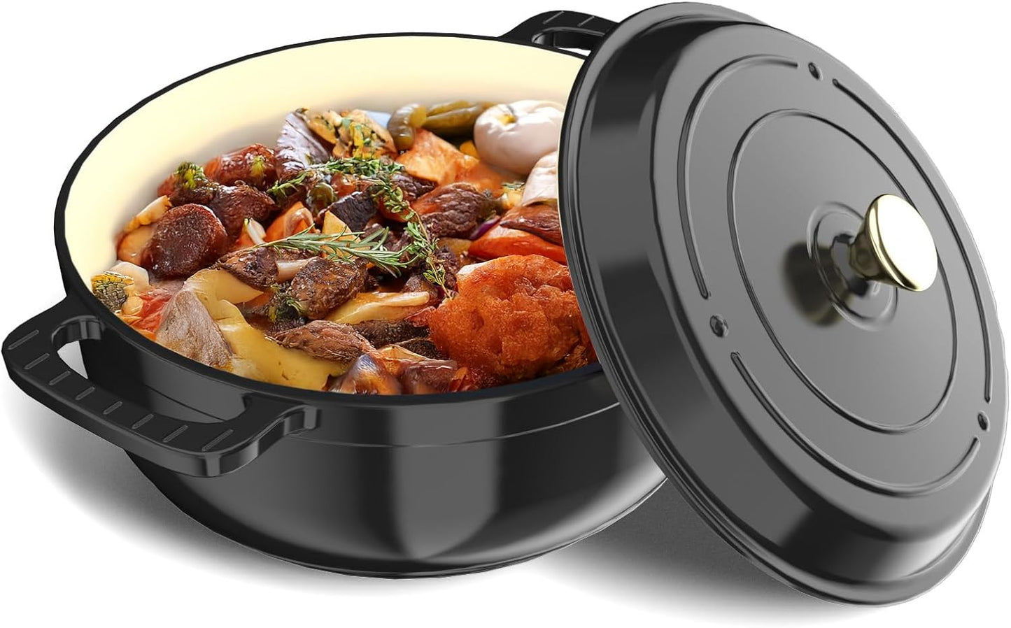 BONNLO 7.5QT Round Dutch Oven, Enameled Cast Iron Dutch Oven Pot with Lid & Dual Handles, Oven Safe Up to 500° F, for Sourdough, Bread Baking, Stews and Roasting (Black)