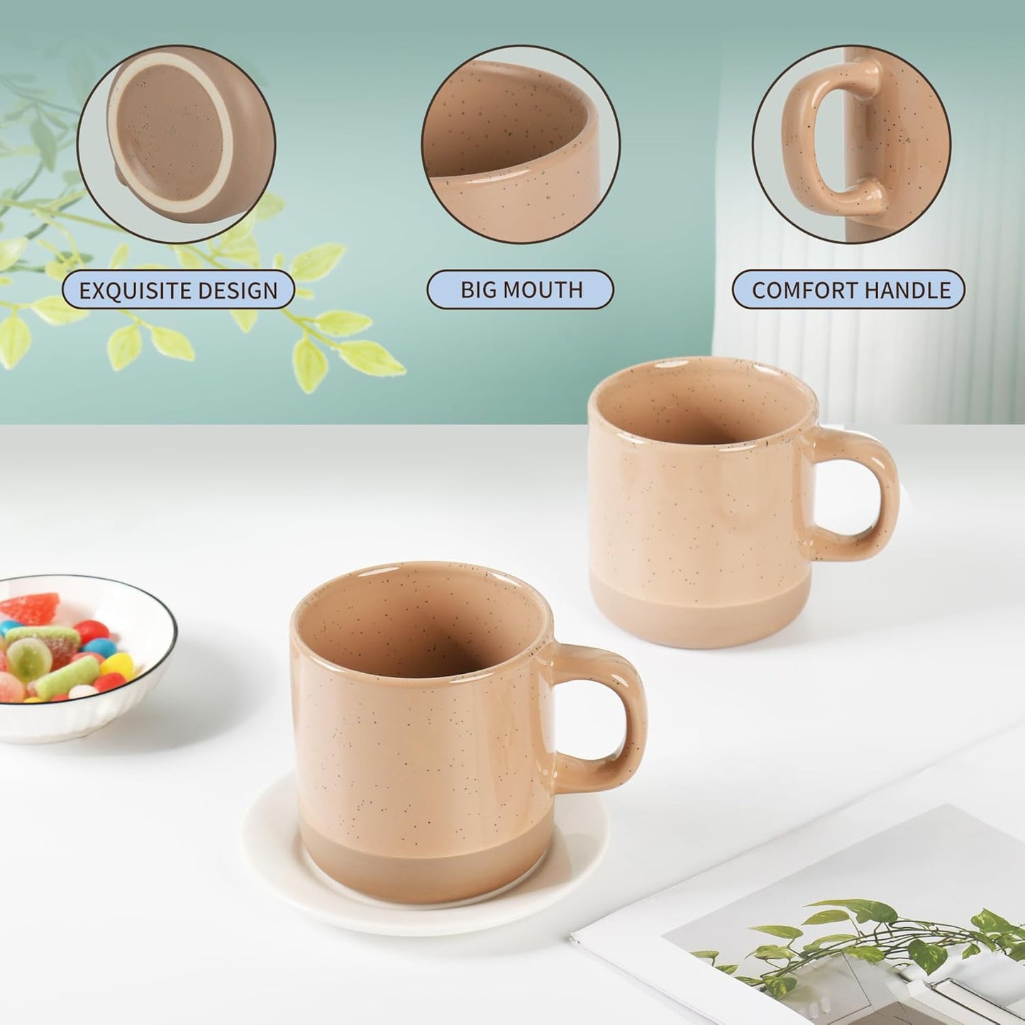 12oz Coffee Mug Set for 6, Tea Cups with Handle for Coffee, Tea, Cocoa, Milk (Cinnamon)