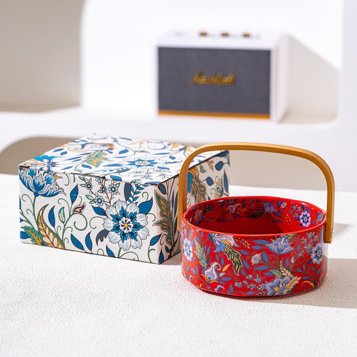 6" Elegant Iris Ceramic Fruit Basket with Detachable Wooden Handle,Candy Dish,Decorative Bowl,Kitchen & Dining Table Office Decor(Red)