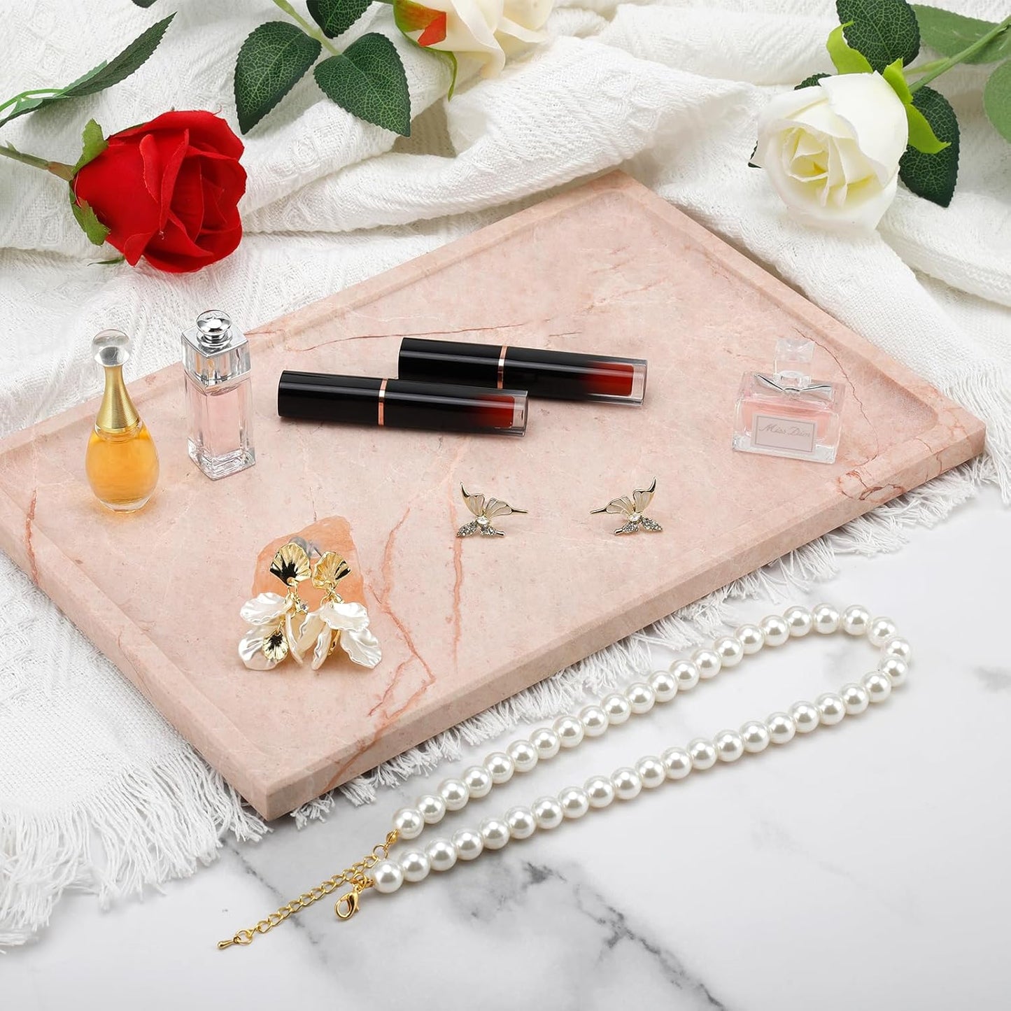Real Luxurious Natural Marble Tray - 12x8 Inch Marble Vanity Tray for Perfume Display, Jewelry Organizer, Bathroom & Home Decor -Heavy Duty Non-Slip Stone Tray (Non-Resin/Non-Ceramic)（Pink）