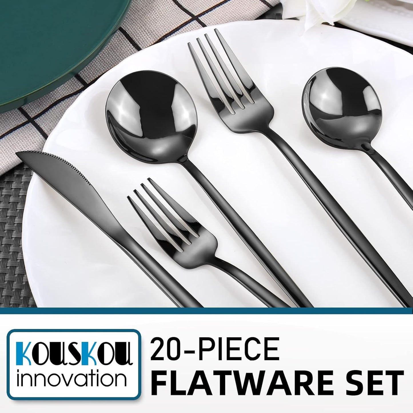 Mirror Black Silverware Set, 20-Piece Flatware Cutlery Sets Service for 4, Mirror Polished Tableware Set, Utensils for Kitchens, Home and Restaurant, Dishwasher Safe