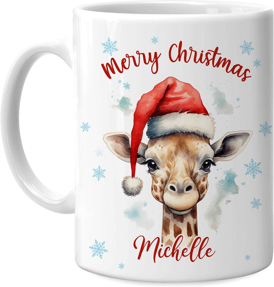 Hyturtle Personalized Gifts Giraffe Lover - Giraffe Wearing Santa Hat Custom Name Ceramic Coffee Mug Cup 11oz - Cute Animal Lovers Gifts For Women, Girl kids Family On Birthday, Christmas