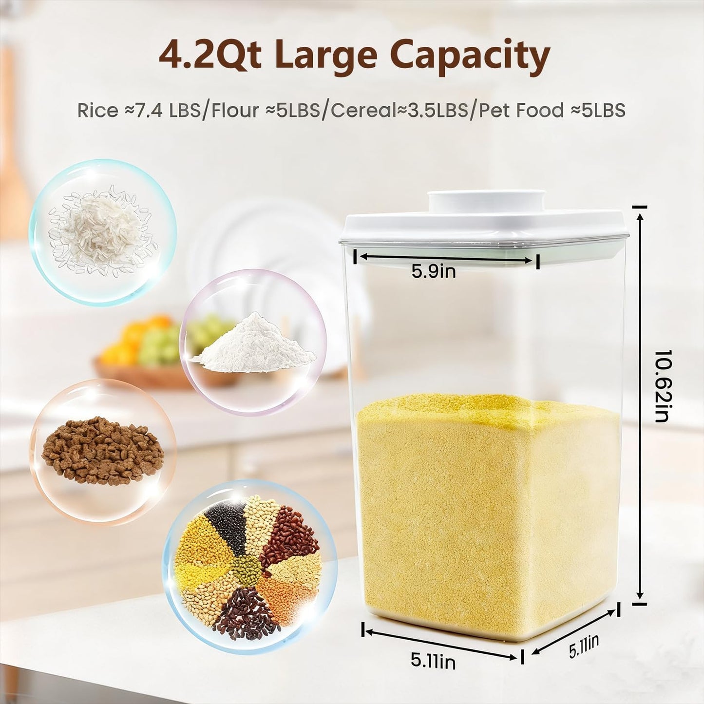 Large Pop Airtight Food Storage Containers Set with Lids 4.2Qt/4L Food Containers with Scoop, Kitchen Pantry Organization and Storage, BPA Free Stackable Cereal Container (4 * 4.2Qt)