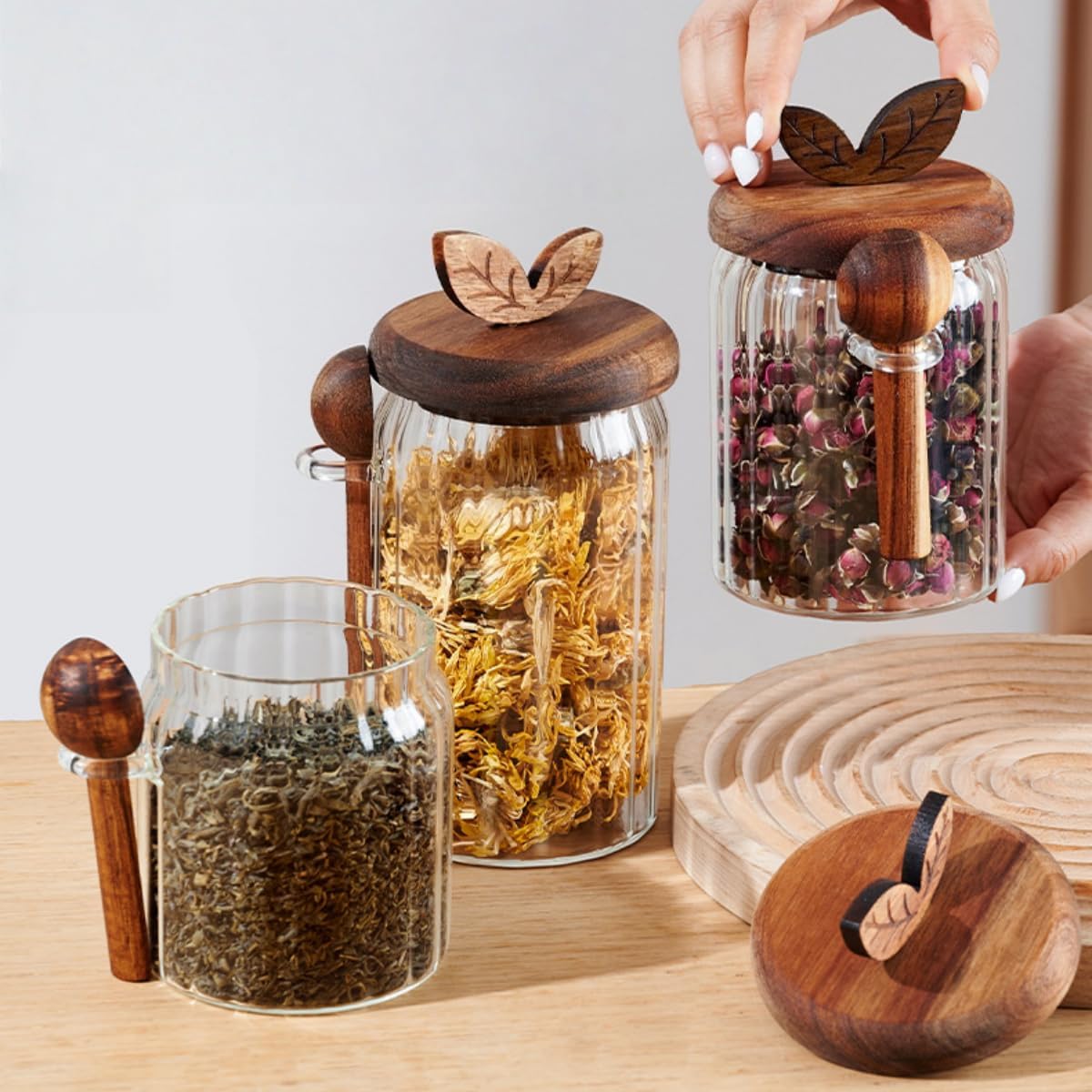 ANSQU 27oz Glass Jar with Wooden Lid and Spoon, 2 Pack Food Storage Containers Coffee Jar Coffee Grounds Container, Glass Food Storage Canister