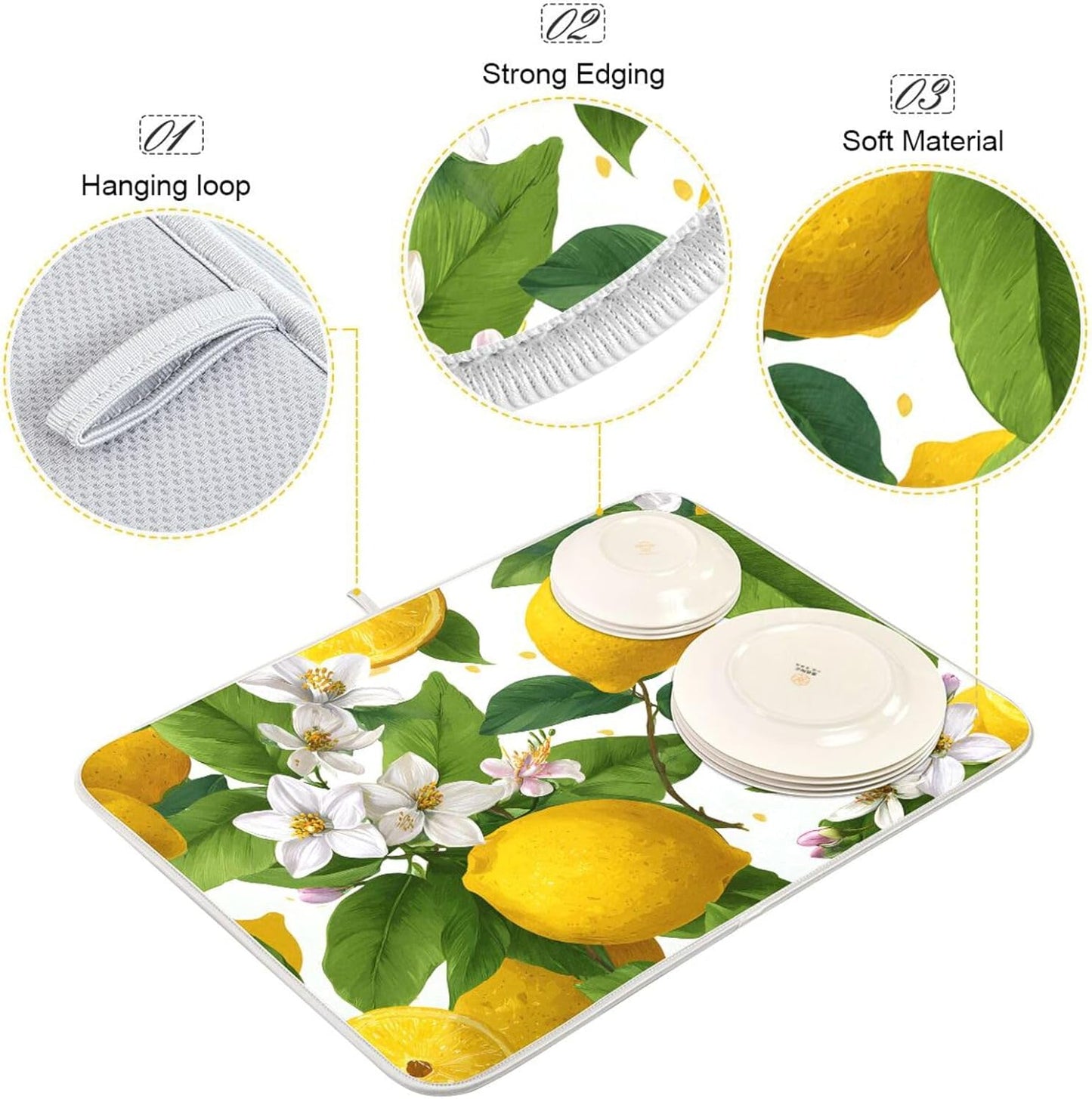 Yellow Lemon and White Flower Dish Drying Mat Super Absorbent Drying Mat 16x18 inch Large Dish Drying Mats for Kitchen Counter Dish Drying Pads Kitchen Drying Matt for Countertop