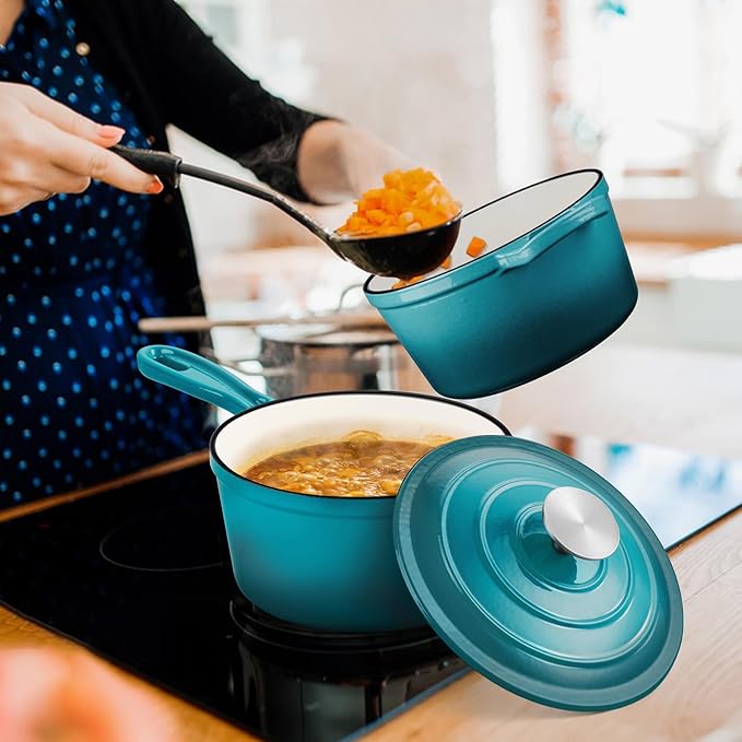 1 Qt & 2 Qt Sauce Pan Sets, Leonyo Enameled Cast Iron Sauce Pan with Lid, Small Saucepan Cast Iron Dutch Oven Kitchen Cookware for All Cooktops Cooking Pasta, Milk, Oatmeal - Up to 500°F, Lake Green