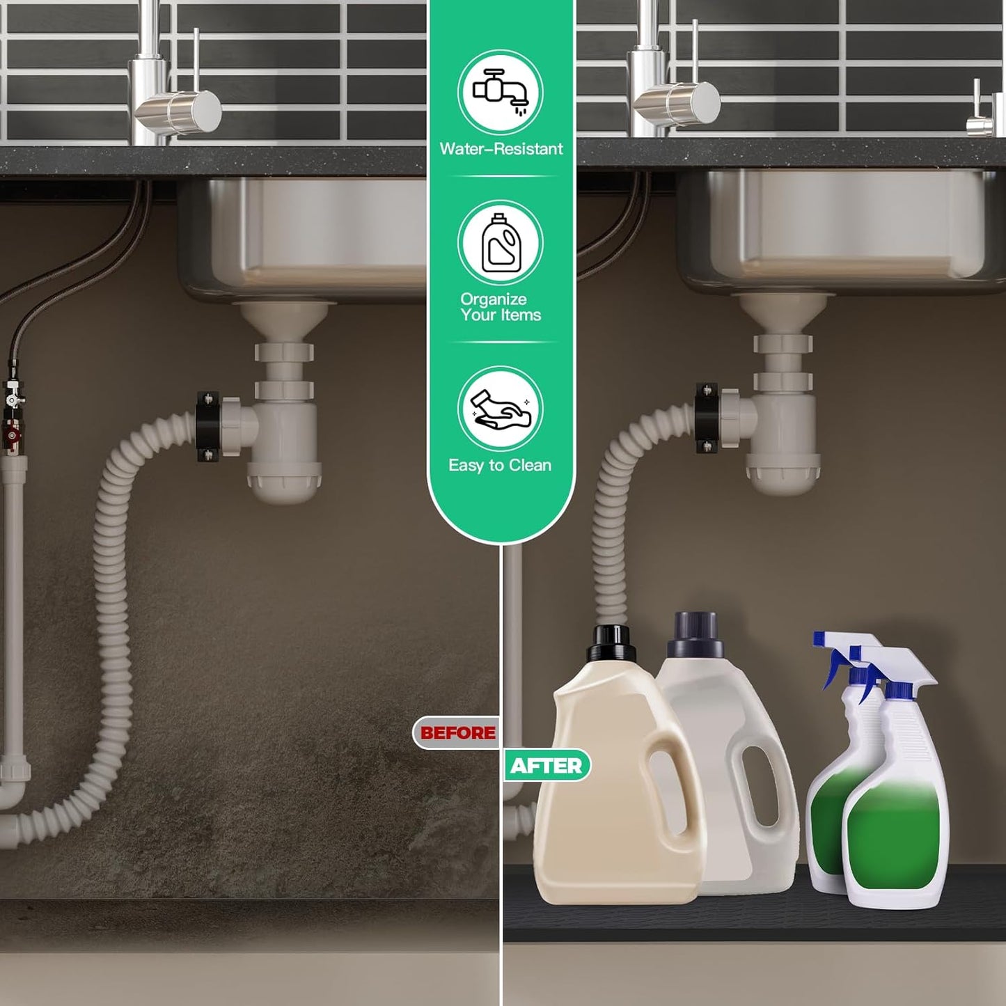 TRZZ Silicone Waterproof Under Sink Mat 34" x 19", Drip Tray and Cabinet Liner for Kitchen and Bathroom, Prevents Water Damage and Organizes Cabinets (Black)