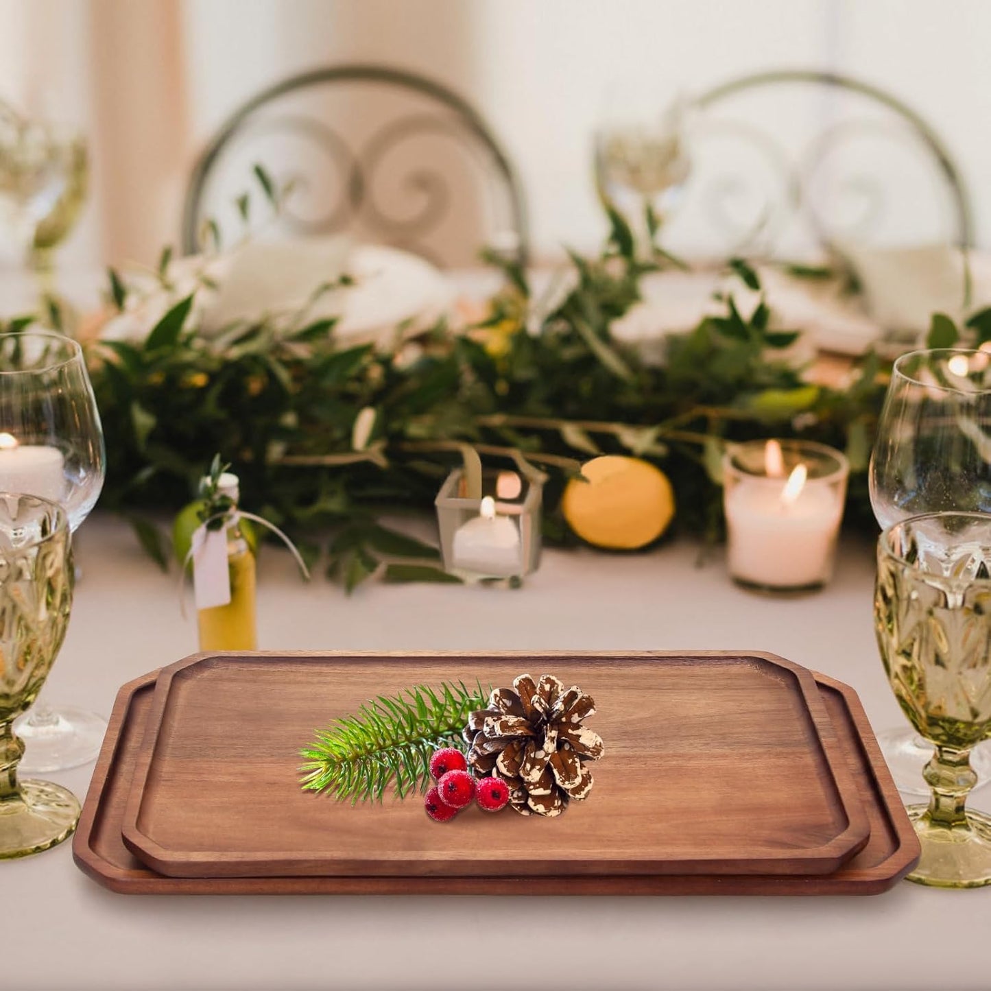 Large Acacia Wood Serving Platters - Wooden Charcuterie Boards, Decorative Platter for Fruit, Food, Cheese - Rectangle Plate Kitchen Counter Tray