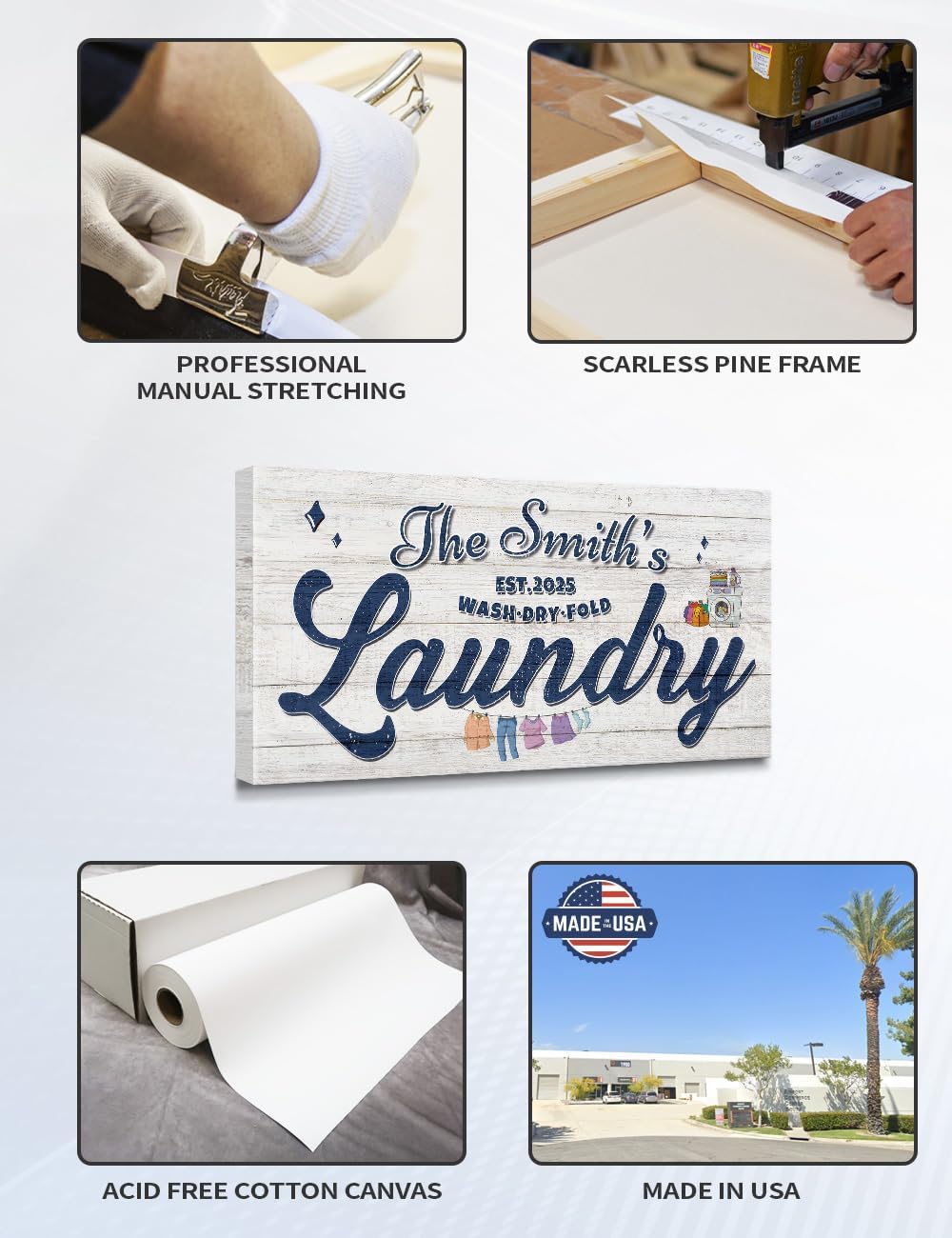 IPIC - Personalized Laundry Room Sign, Custom Canvas Wall Art with Family Name, Rustic Home Decor Printed Acid-Free Cotton Canvas for Business and Home, Made in USA and Ready to hang for Laundry Decor