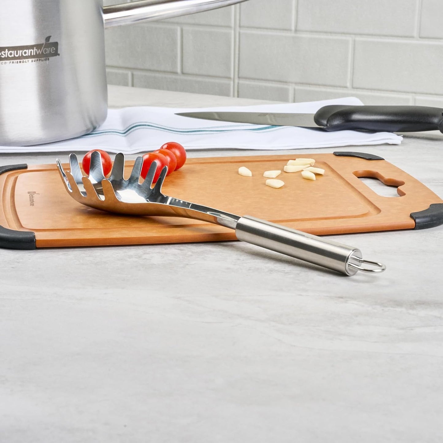 Restaurantware-German Standard 12.5 Inch Slotted Pasta Spoons, 6 Pasta Forks With Ergonomic Handle - Dishwashable, Durable, Stainless Steel Noodle Servers, Ideal For Draining or Serving