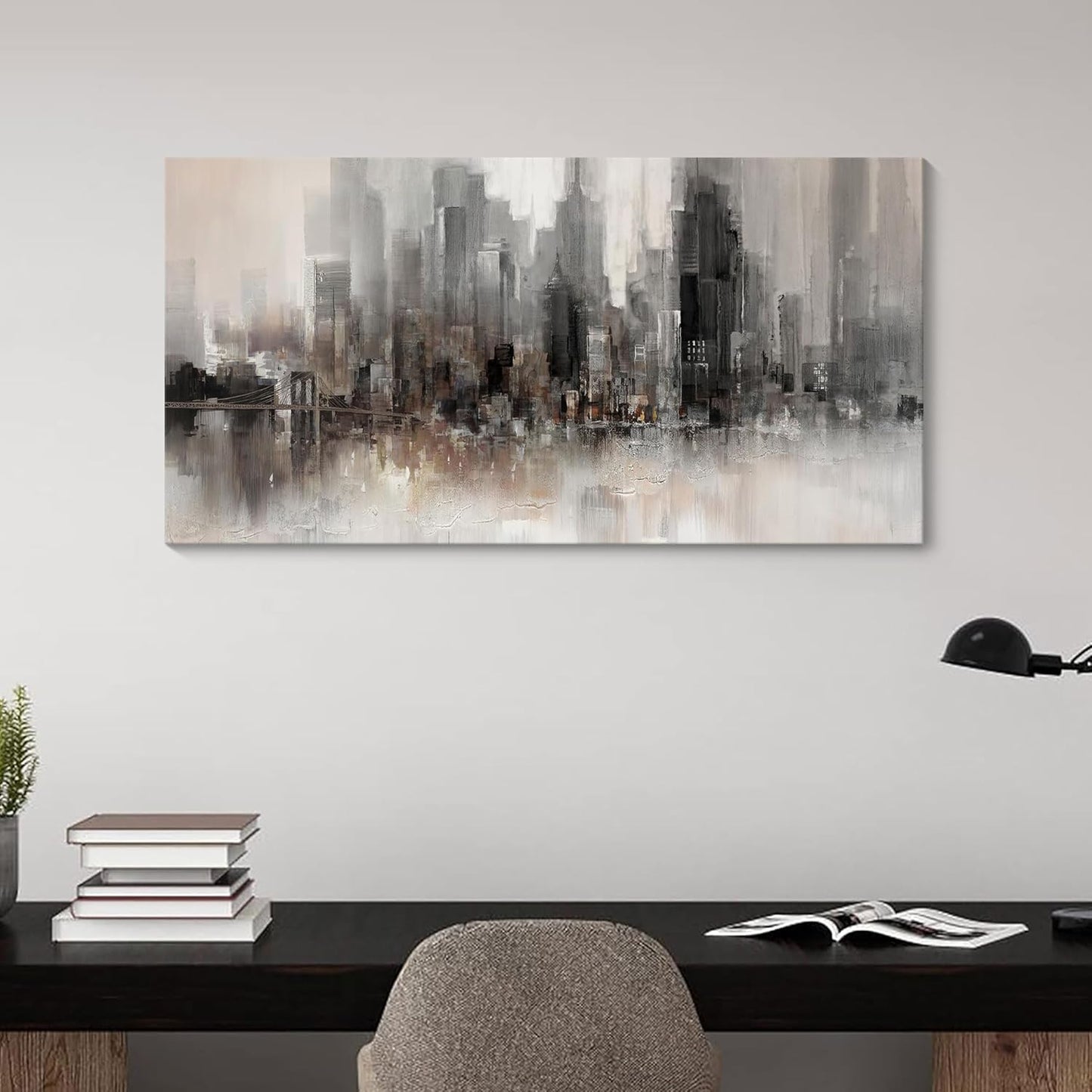Nyc Skyline Painting Wall Art Grey Buildings Picture for Living Room Modern Home Bedroom Decoration black and white and brown Framed Artwork Decor 20X40