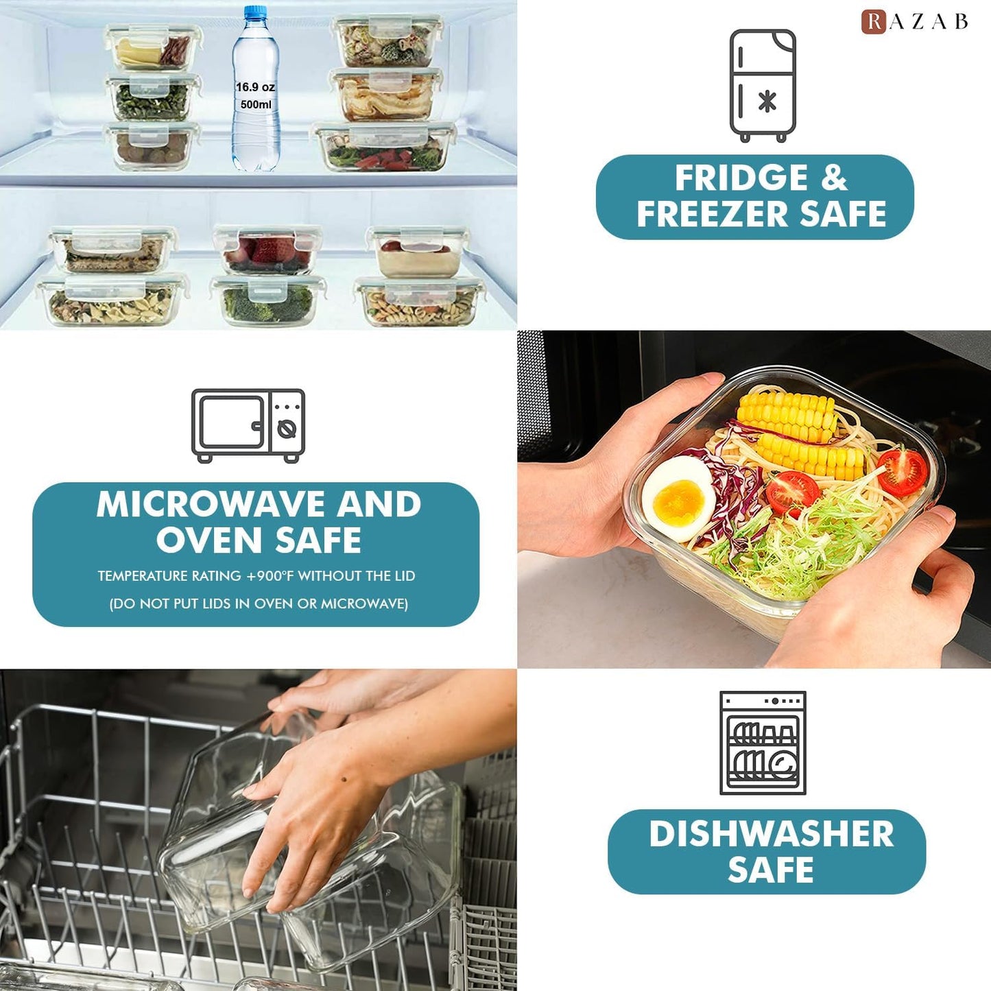 Razab 24 Pc Airtight Glass Food Storage Containers - Glass Meal Prep Containers - Freezer to Oven Safe - Steam Release Valve BPA Free - Airtight Bento Boxes - Leak Proof (12 lids & 12 Containers)