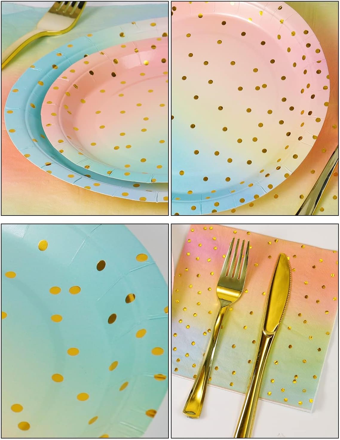 141 Pieces Rainbow Gold Party Supplies, Party Dinnerware Sets Include Paper Plates Napkins Cups Silverware, for Wedding Bridal Shower Engagement Birthday Parties Decoration -20 Serves