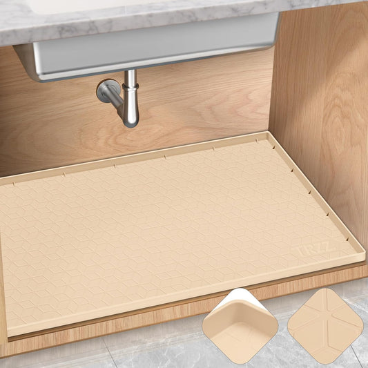 TRZZ Silicone Waterproof Under Sink Mat 28" x 22", Drip Tray and Cabinet Liner for Kitchen and Bathroom, Prevents Water Damage and Organizes Cabinets (Beige)
